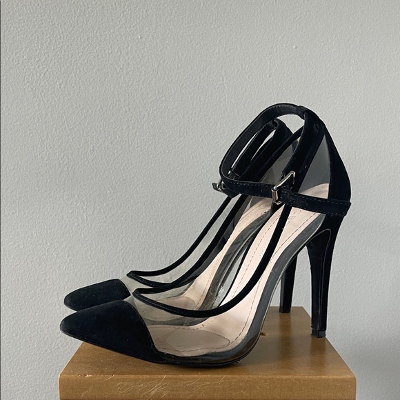 BCBGeneration Clear Black Strappy Heels - Picture 1 of 6